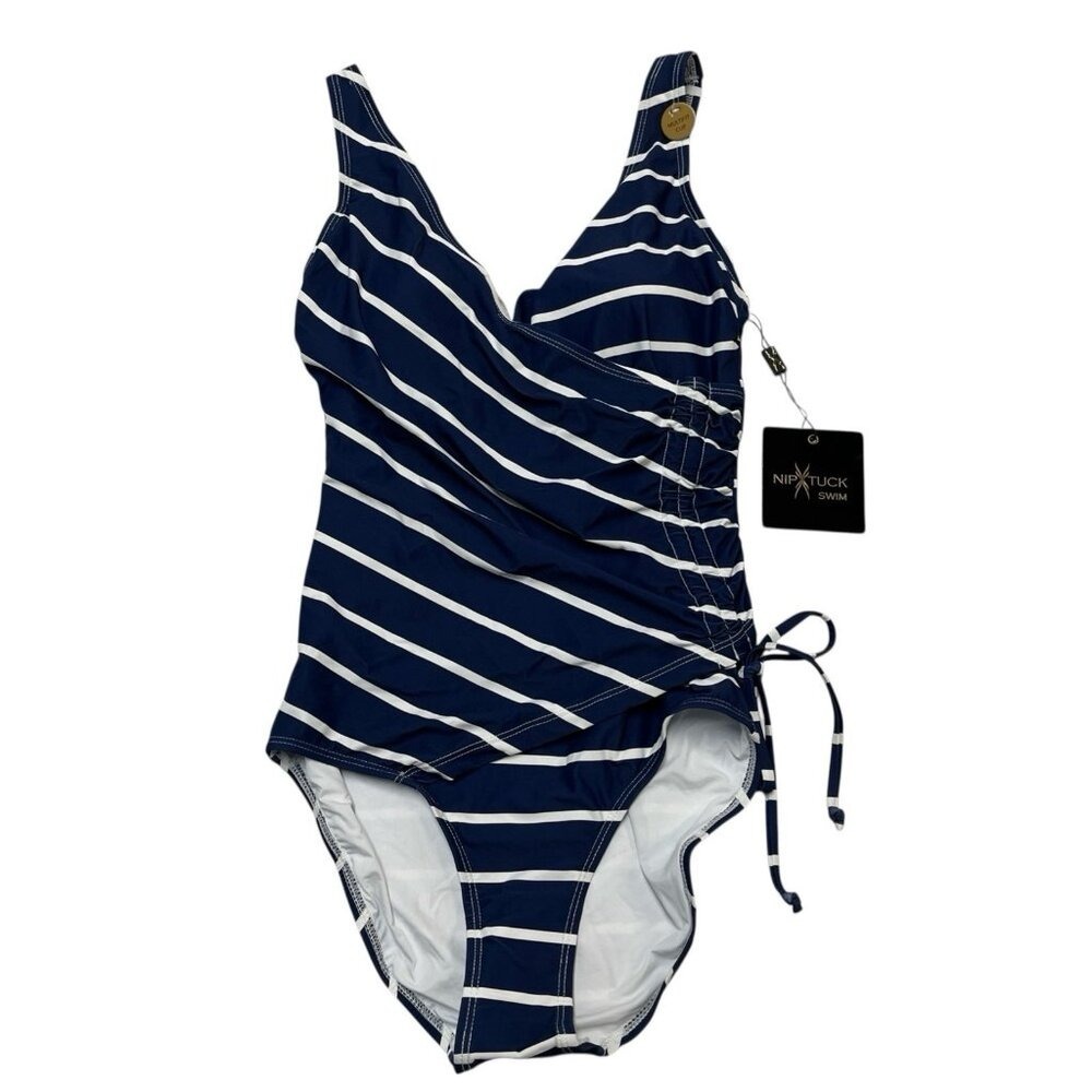 Nip Tuck Swimsuit ‎ Blue White Striped Surplice One Piece 4 Preppy Nautical